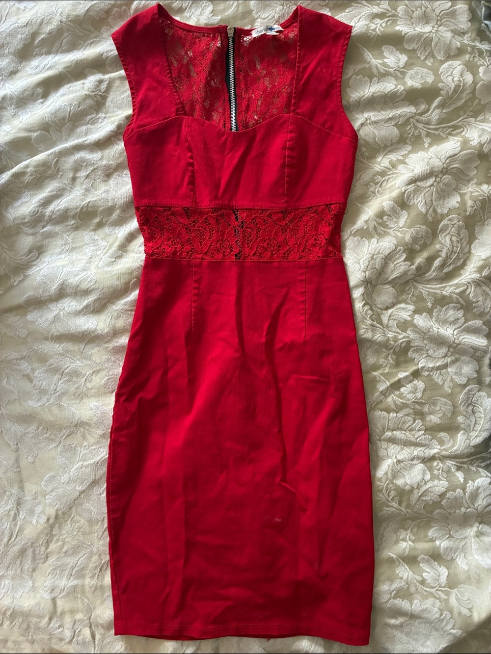 Charlotte Russe Bodycon Red Lace Sz S Sweetheart Neck Mini Dress Zip-up EUC